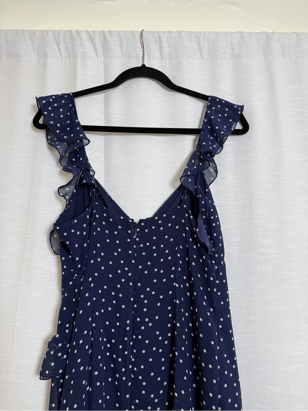 BP Navy Polka Dot Asymmetric Ruffle Tiered Maxi Dress | Size M - Picture 14 of 17